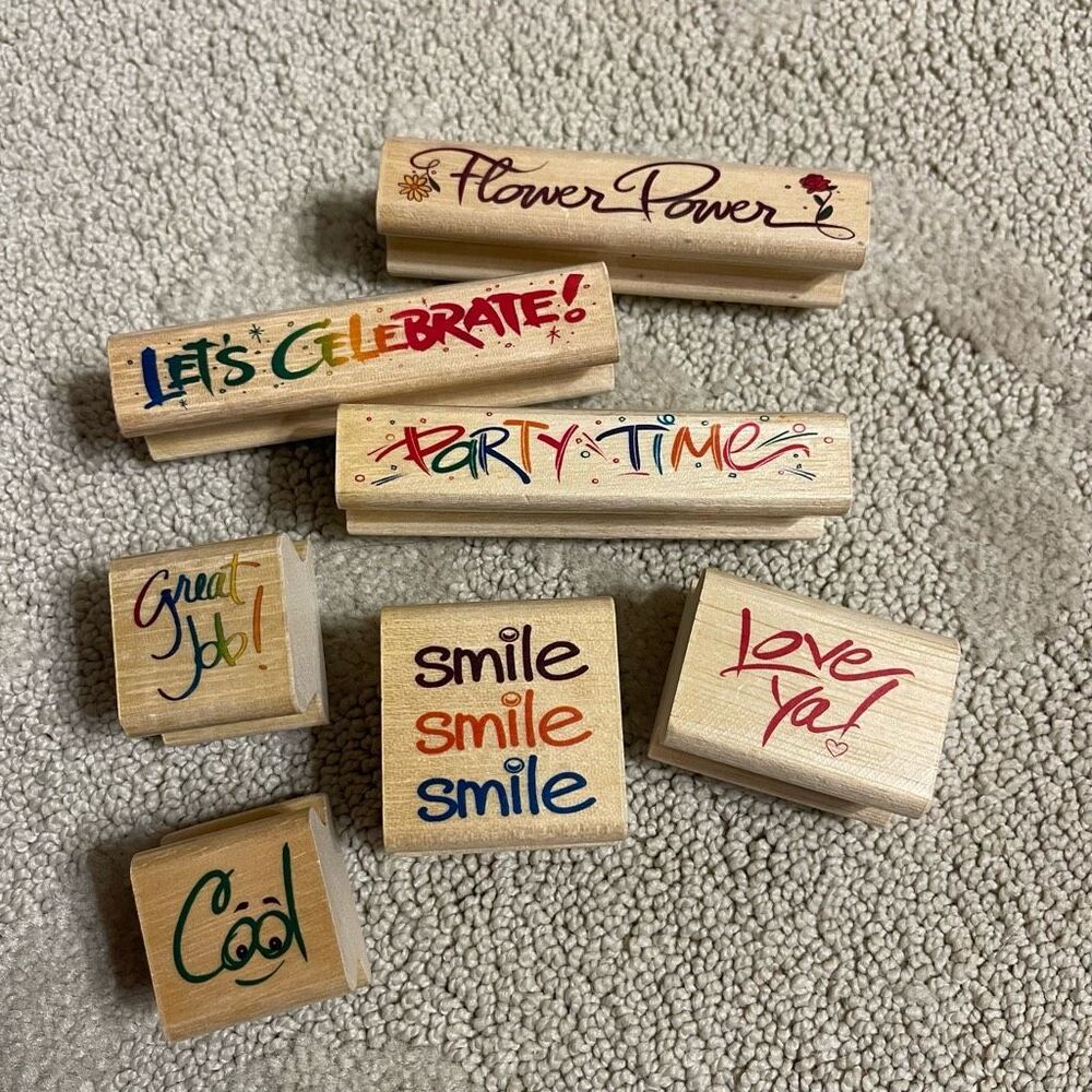 Rubber Stamp Set of 6 Smile Love Cool Great Job Flower Power Celebrate Party - Picture 2 of 5